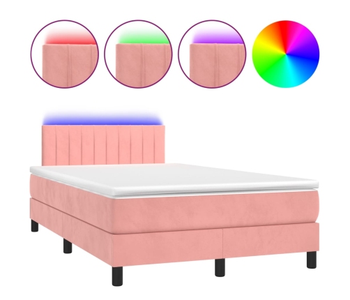 Cama box spring con colchón y LED terciopelo rosa 120x190 cm