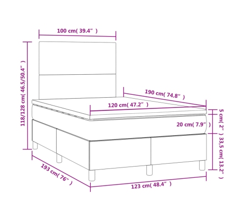 Cama box spring con colchón y LED tela gris claro 120x190 cm