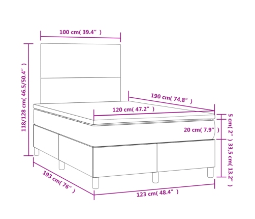 Cama box spring con colchón y luces LED tela negro 120x190 cm