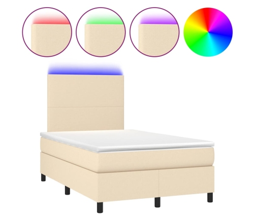 Cama box spring con colchón y luces LED tela crema 120x190 cm