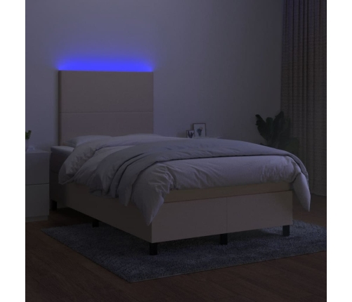 Cama box spring con colchón y luces LED tela crema 120x190 cm