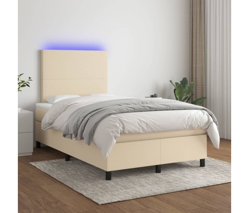 Cama box spring con colchón y luces LED tela crema 120x190 cm