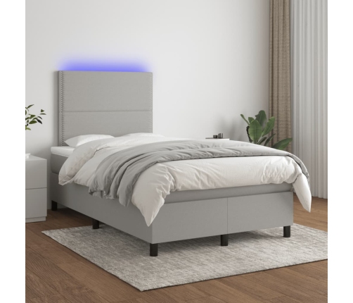 Cama box spring con colchón y LED tela gris claro 120x190 cm