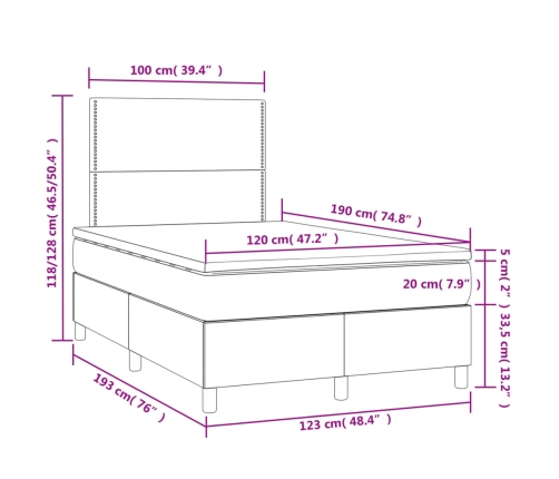 Cama box spring con colchón y LED tela gris claro 120x190 cm