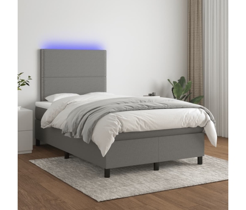 Cama box spring con colchón y LED tela marrón oscuro 120x190 cm