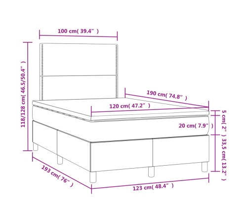 Cama box spring con colchón y luces LED tela azul 120x190 cm