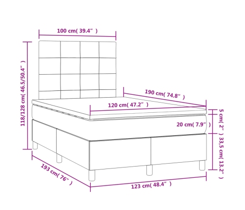 Cama box spring con colchón y LED tela gris claro 120x190 cm