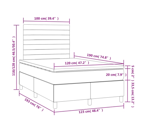 Cama box spring con colchón y LED tela gris claro 120x190 cm