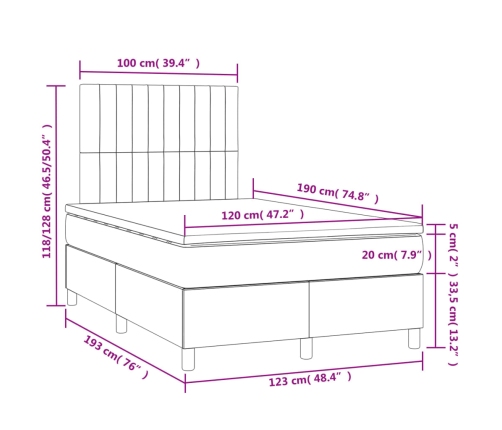 Cama box spring con colchón y LED tela marrón oscuro 120x190 cm