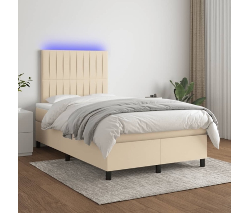 Cama box spring con colchón y luces LED tela crema 120x190 cm