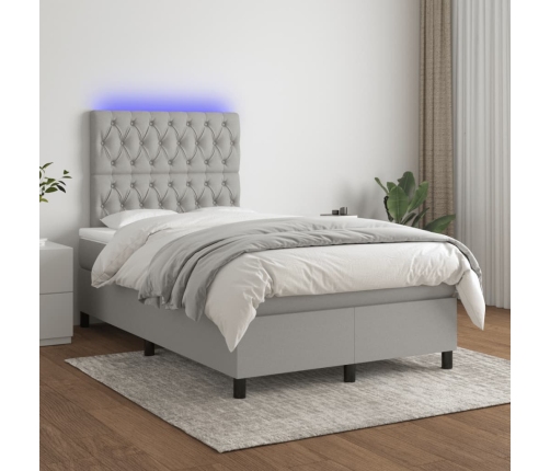 Cama box spring con colchón y LED tela gris claro 120x190 cm