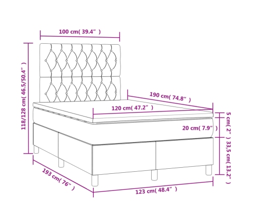 Cama box spring con colchón y LED tela marrón oscuro 120x190 cm