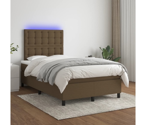 Cama box spring con colchón y LED tela marrón oscuro 120x190 cm