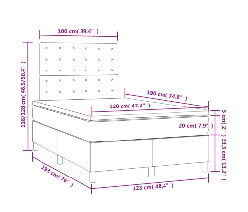 Cama box spring con colchón y LED tela marrón oscuro 120x190 cm