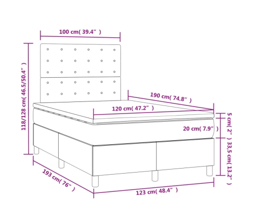 Cama box spring con colchón y luces LED tela crema 120x190 cm