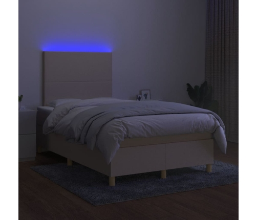 Cama box spring con colchón y luces LED tela crema 120x190 cm