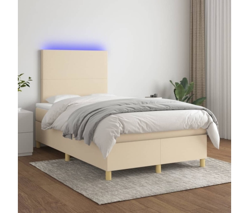 Cama box spring con colchón y luces LED tela crema 120x190 cm