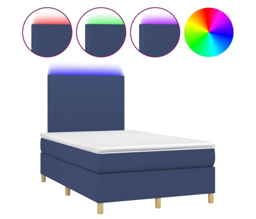 Cama box spring con colchón y luces LED tela azul 120x190 cm