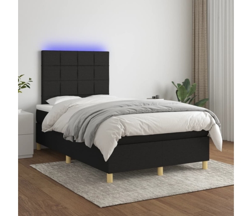 Cama box spring con colchón y luces LED tela negro 120x190 cm