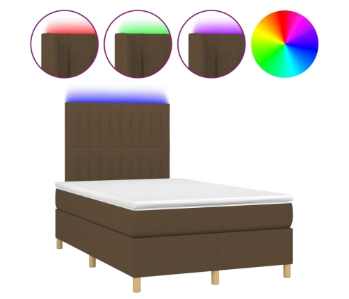 Cama box spring con colchón y LED tela marrón oscuro 120x190 cm