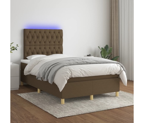 Cama box spring con colchón y LED tela marrón oscuro 120x190 cm