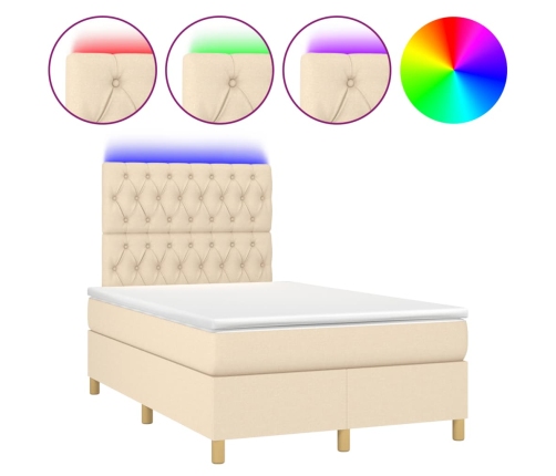 Cama box spring con colchón y luces LED tela crema 120x190 cm