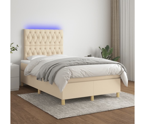 Cama box spring con colchón y luces LED tela crema 120x190 cm