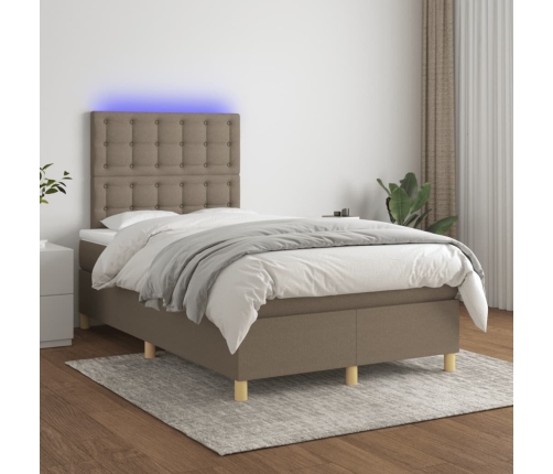 Cama box spring con colchón y LED tela gris taupe 120x190 cm