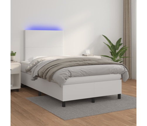 Cama box spring colchón y LED cuero sintético blanco 120x190 cm