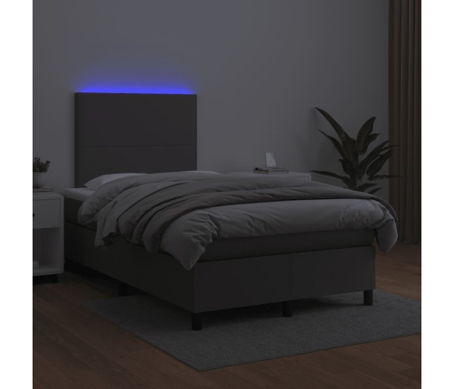 Cama box spring con colchón LED cuero sintético gris 120x190 cm