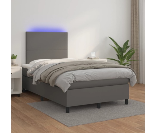 Cama box spring con colchón LED cuero sintético gris 120x190 cm