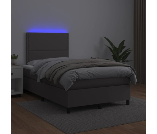 Cama box spring con colchón LED cuero sintético gris 120x190 cm