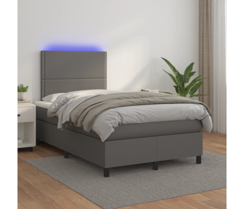 Cama box spring con colchón LED cuero sintético gris 120x190 cm