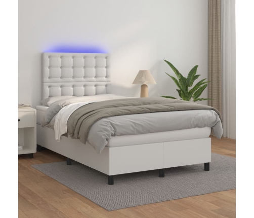 Cama box spring colchón y LED cuero sintético blanco 120x190 cm