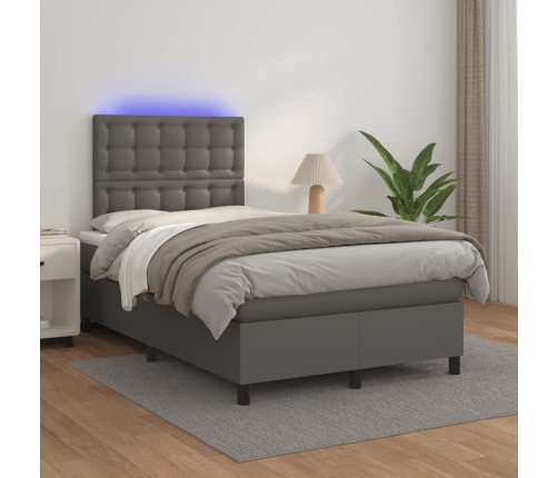 Cama box spring con colchón LED cuero sintético gris 120x190 cm