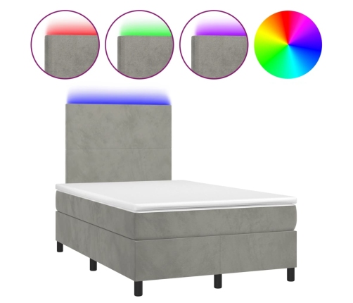 Cama box spring colchón y LED terciopelo gris claro 120x190 cm