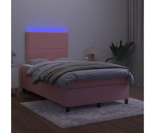 Cama box spring con colchón y LED terciopelo rosa 120x190 cm