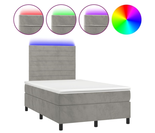 Cama box spring colchón y LED terciopelo gris claro 120x190 cm