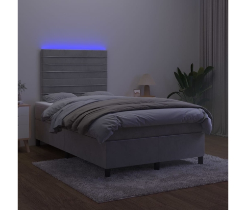 Cama box spring colchón y LED terciopelo gris claro 120x190 cm