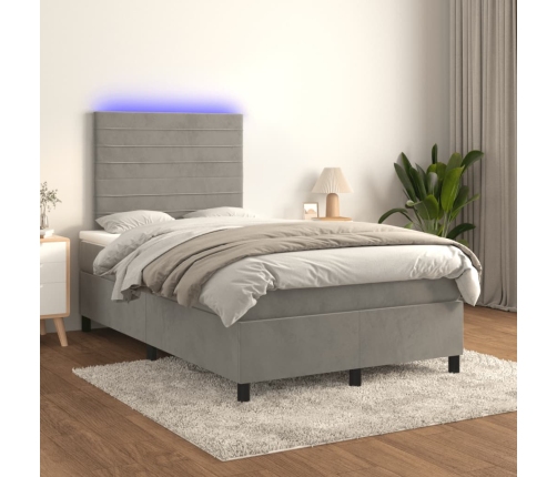 Cama box spring colchón y LED terciopelo gris claro 120x190 cm