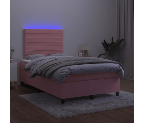 Cama box spring con colchón y LED terciopelo rosa 120x190 cm