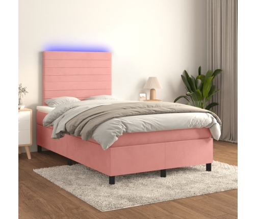 Cama box spring con colchón y LED terciopelo rosa 120x190 cm