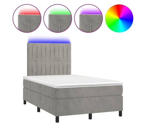 Cama box spring colchón y LED terciopelo gris claro 120x190 cm