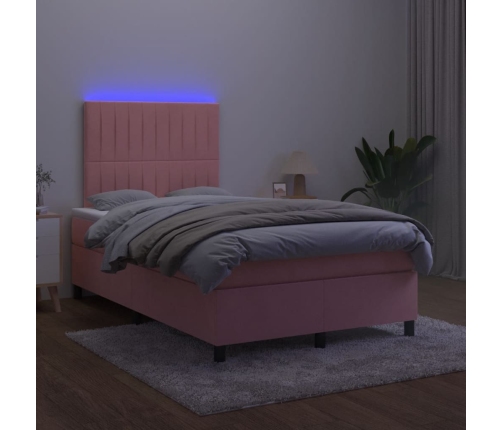Cama box spring con colchón y LED terciopelo rosa 120x190 cm