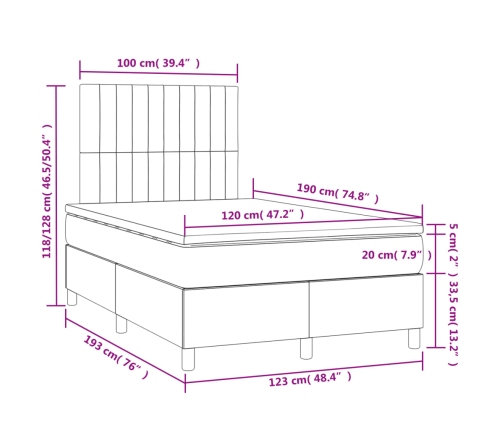 Cama box spring con colchón y LED terciopelo rosa 120x190 cm