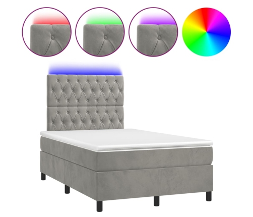 Cama box spring colchón y LED terciopelo gris claro 120x190 cm