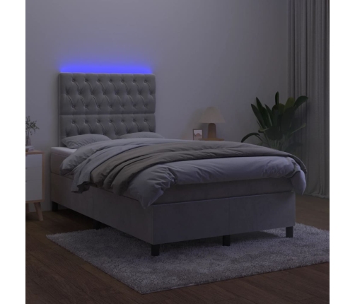 Cama box spring colchón y LED terciopelo gris claro 120x190 cm