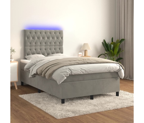 Cama box spring colchón y LED terciopelo gris claro 120x190 cm