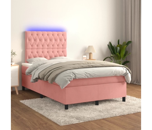 Cama box spring con colchón y LED terciopelo rosa 120x190 cm