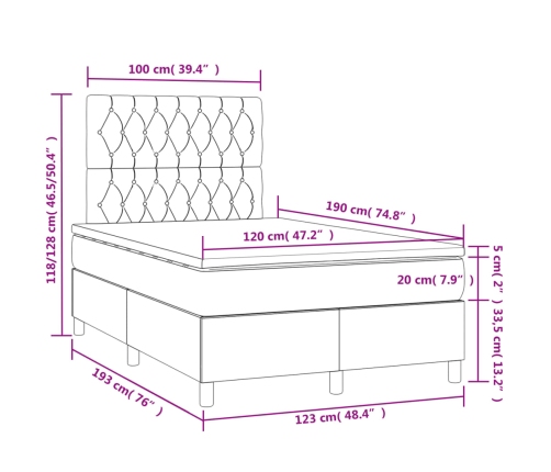 Cama box spring con colchón y LED terciopelo rosa 120x190 cm